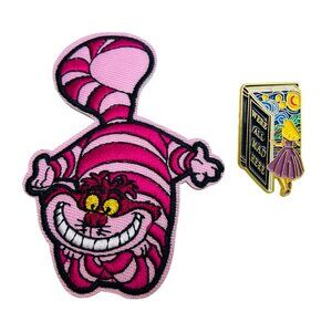 Alice in Wonderland Cheshire Cat Iron-On Patch & We're All Mad Here Enamel Pin